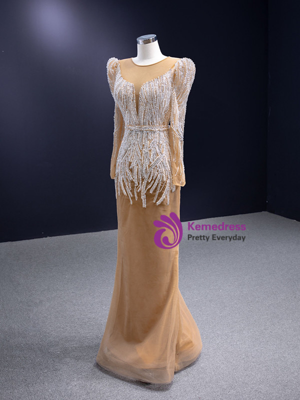 Dark Champagne Long Sleeve Beading Pearls Prom Dress