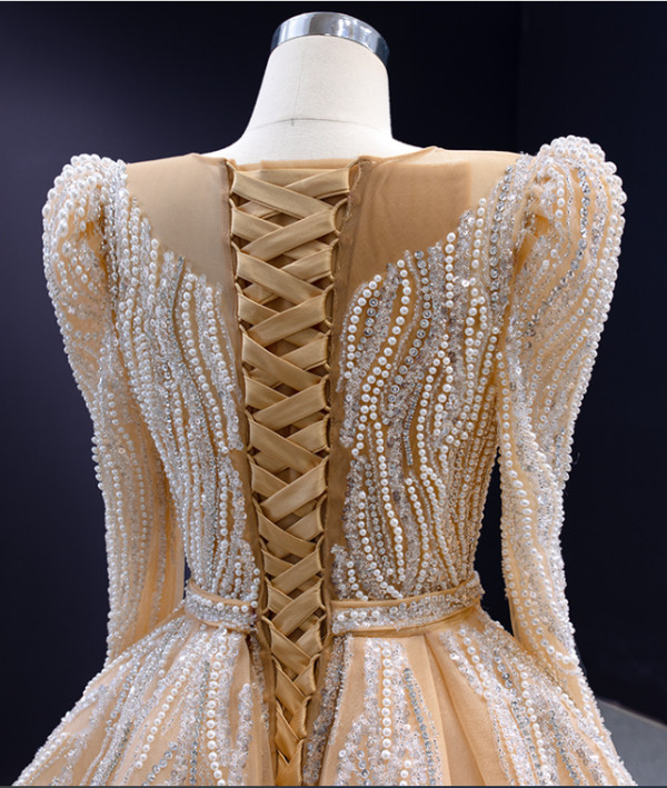 Dark Champagne Long Sleeve Beading Pearls Prom Dress