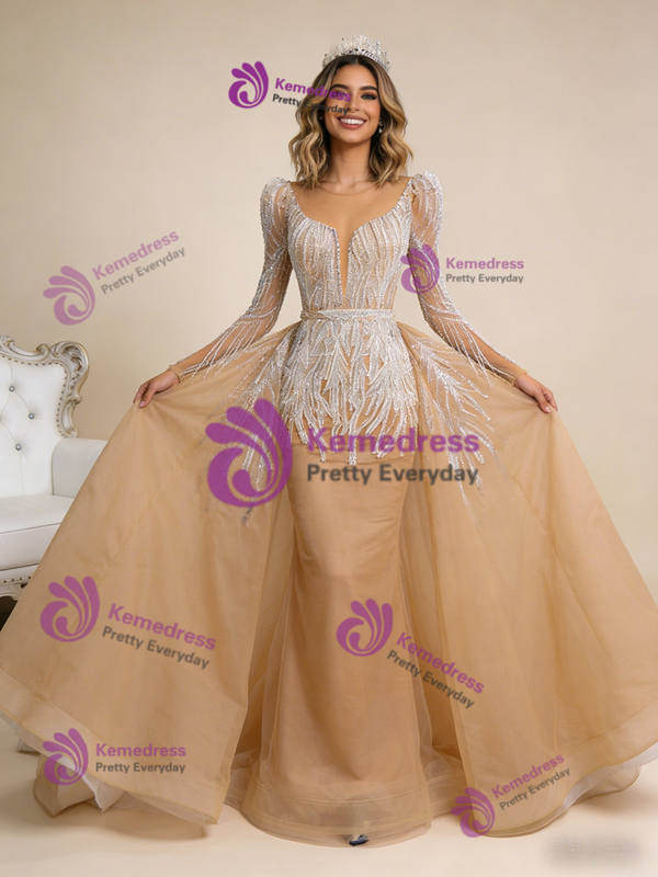 Dark Champagne Long Sleeve Beading Pearls Prom Dress