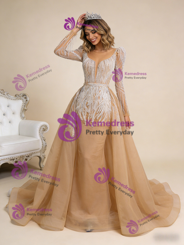 Dark Champagne Long Sleeve Beading Pearls Prom Dress