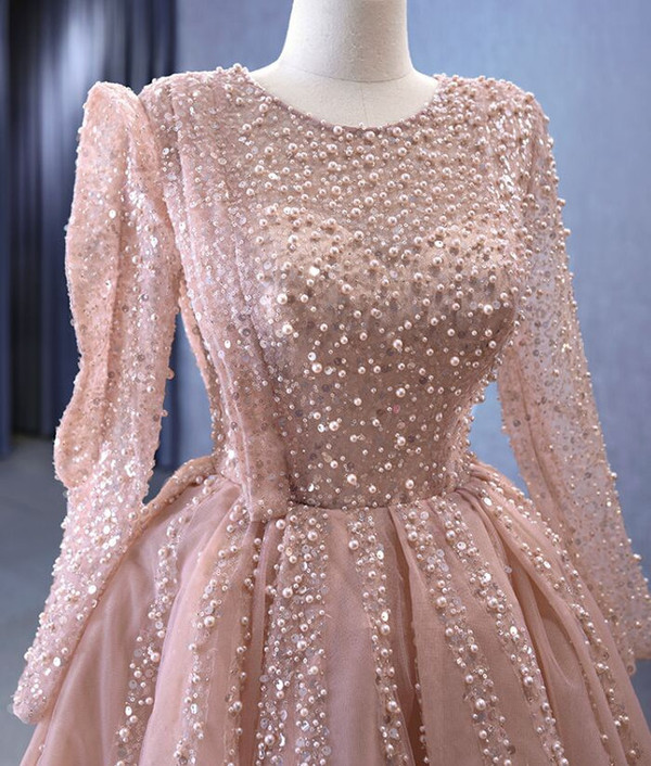 Pink Tulle Long Sleeve Beading Prom Dress