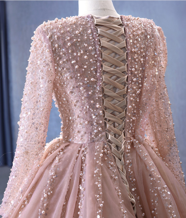Pink Tulle Long Sleeve Beading Prom Dress