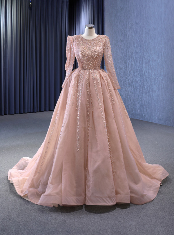 Pink Tulle Long Sleeve Beading Prom Dress