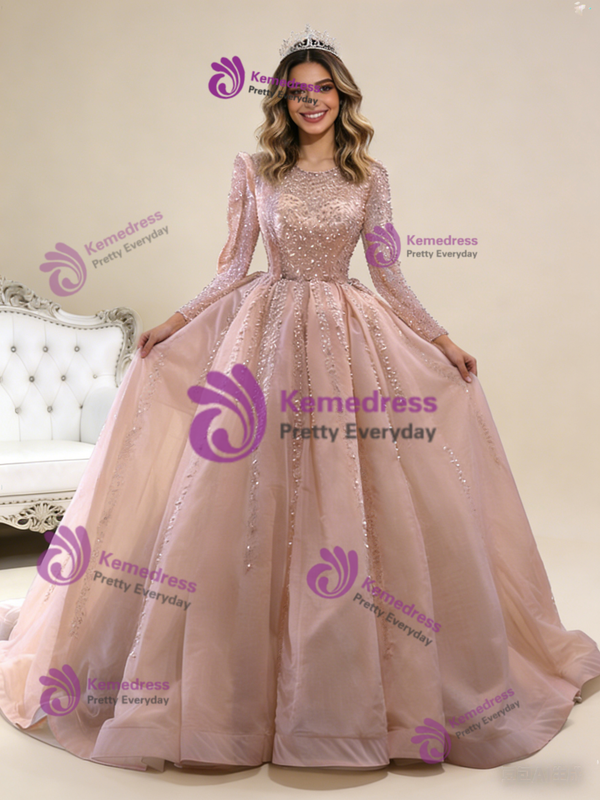 Pink Tulle Long Sleeve Beading Prom Dress