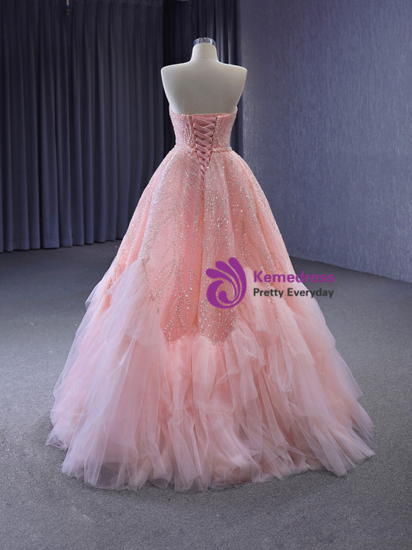 Pink Tulle Sequins Beading Sweetheart Prom Dress
