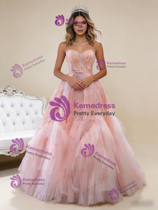 Pink Tulle Sequins Beading Sweetheart Prom Dress