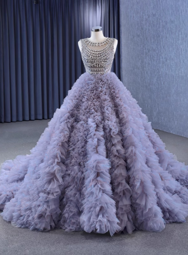  Purple Ball Gown Tulle Ball Gown Crystal Prom Dress
