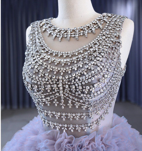 Purple Ball Gown Tulle Ball Gown Crystal Prom Dress