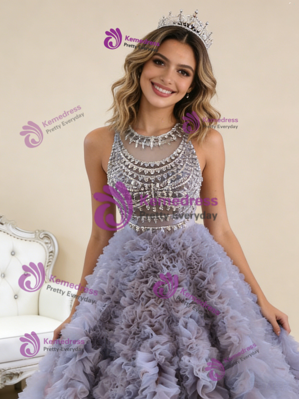  Purple Ball Gown Tulle Ball Gown Crystal Prom Dress