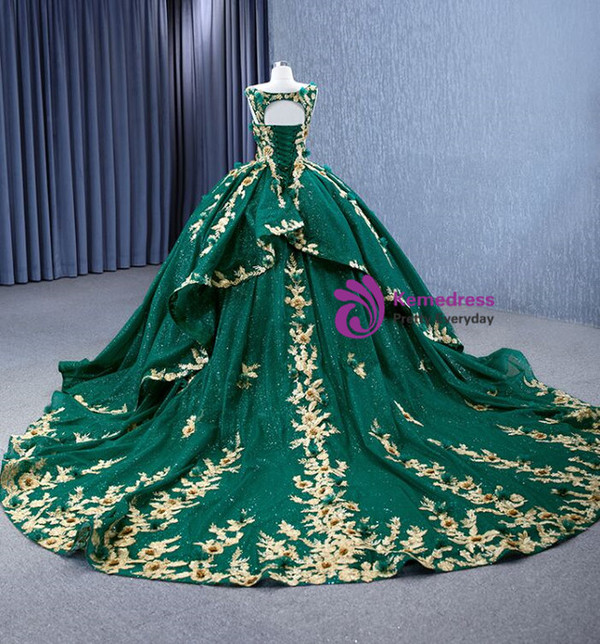 Green Ball Gown Tulle Sequins Gold Appliques Prom Dress