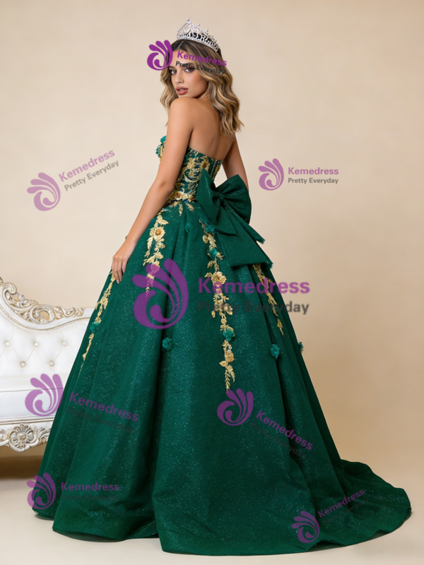 Green Ball Gown Tulle Sequins Gold Appliques Prom Dress