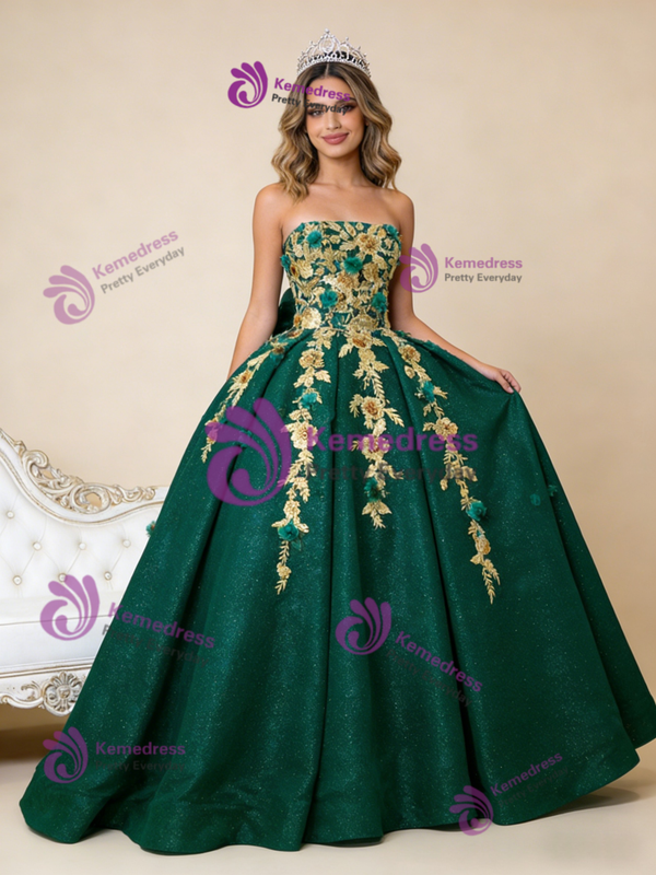Green Ball Gown Tulle Sequins Gold Appliques Prom Dress