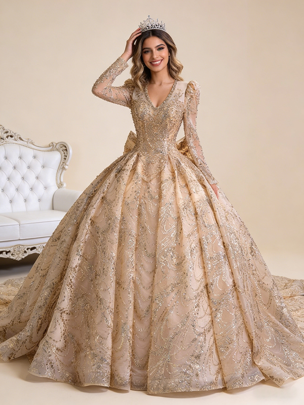 Gold Tulle Sequins Pearls V-neck Prom Dress