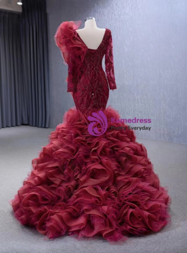 Burgundy Mermaid Tulle Long Sleeve Beading Prom Dress