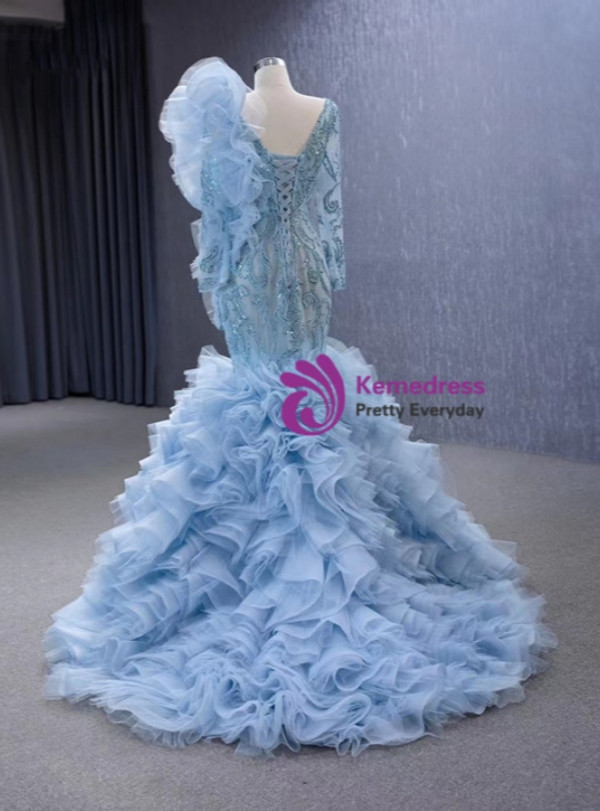 Light Blue Mermaid Tulle Beading Prom Dress