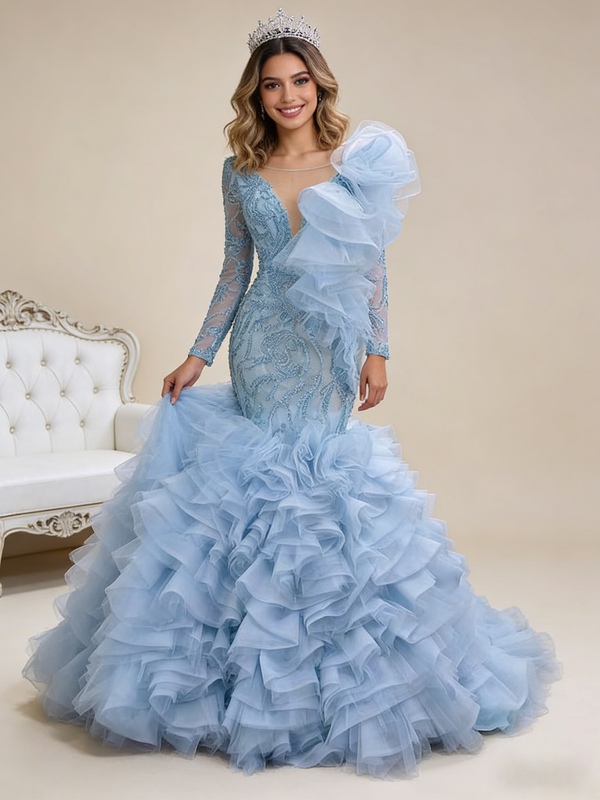 Light Blue Mermaid Tulle Beading Prom Dress