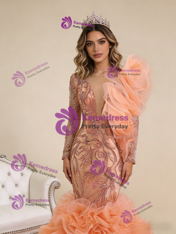 Orange Tulle Beading Sequins Long Sleeve Prom Dress