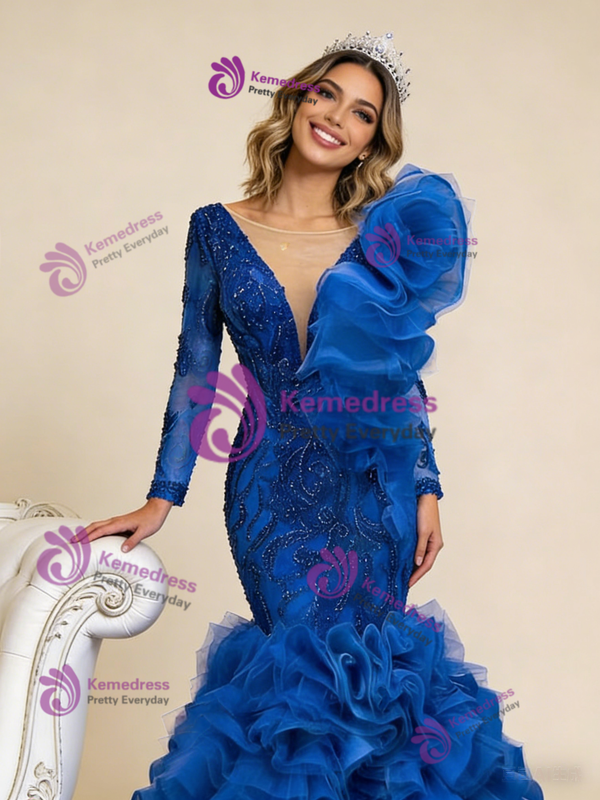 Blue Mermaid Tulle Beading Long Sleeve Prom Dress