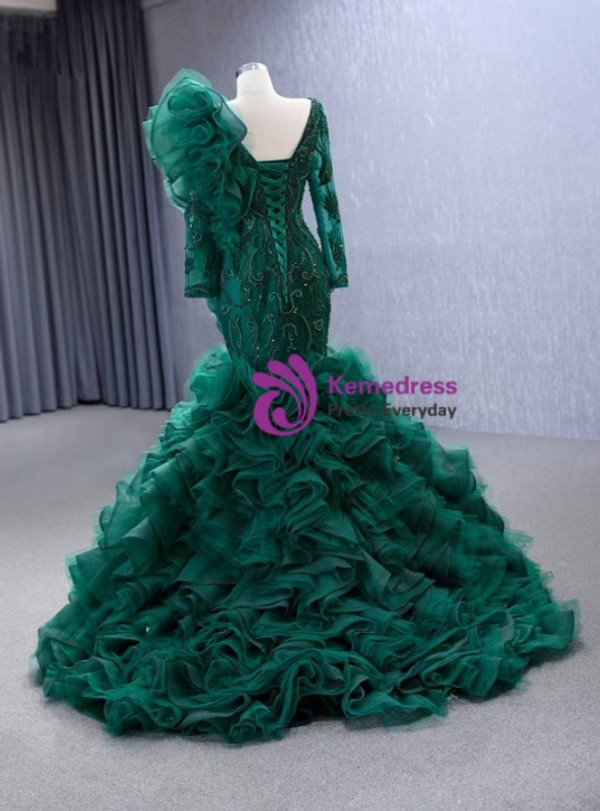 Dark Green Long Sleeve Mermaid Tulle Beading Prom Dress