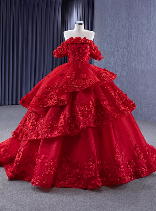 Ball Gown Red Tulle 3D Appliques Prom Dress
