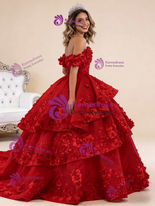 Ball Gown Red Tulle 3D Appliques Prom Dress