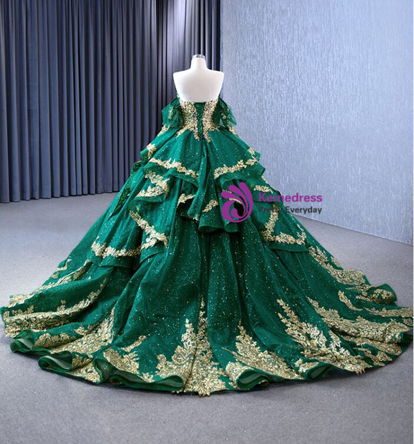Green Tulle Sequins Appliques Pearls Prom Dress