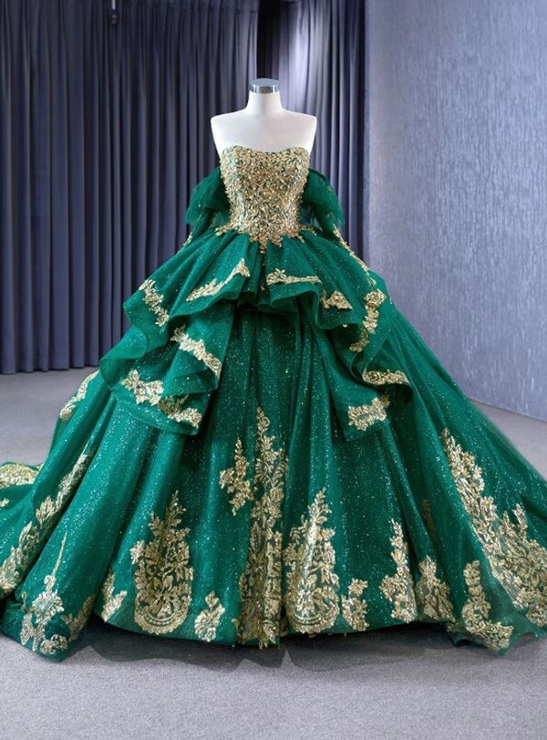 Green Tulle Sequins Appliques Pearls Prom Dress