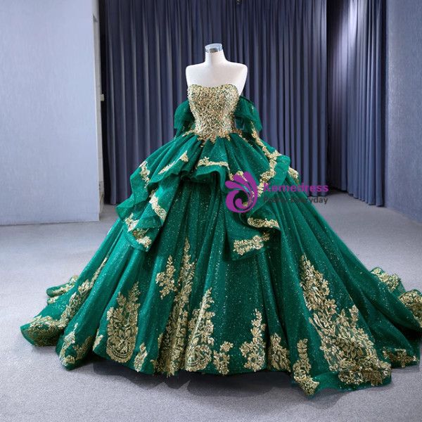 Green Tulle Sequins Appliques Pearls Prom Dress