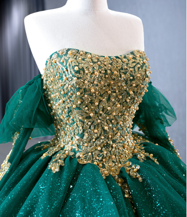 Green Tulle Sequins Appliques Pearls Prom Dress