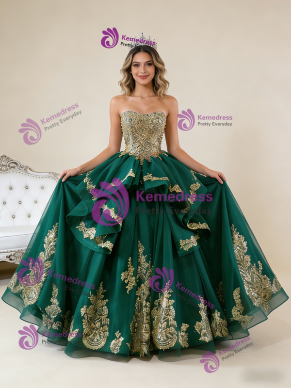 Green Tulle Sequins Appliques Pearls Prom Dress