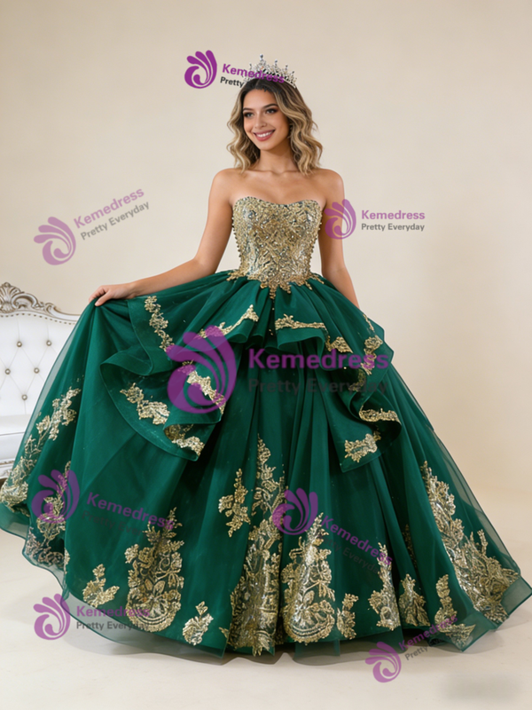 Green Tulle Sequins Appliques Pearls Prom Dress