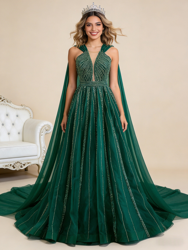 Green Tulle Sequins Beading Sleeveless Prom Dress