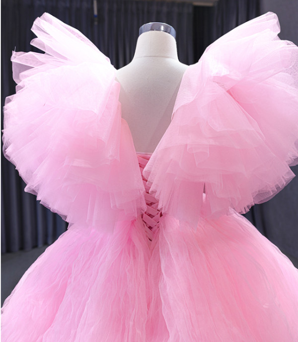 Pink Tulle Hi Lo V-neck Princess Prom Dress