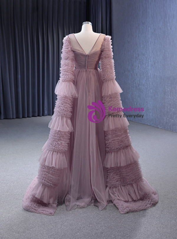 Pink Tulle Pleats Beading Prom Dress