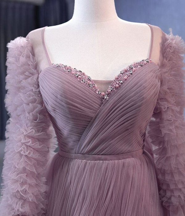 Pink Tulle Pleats Beading Prom Dress