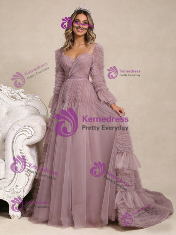 Pink Tulle Pleats Beading Prom Dress