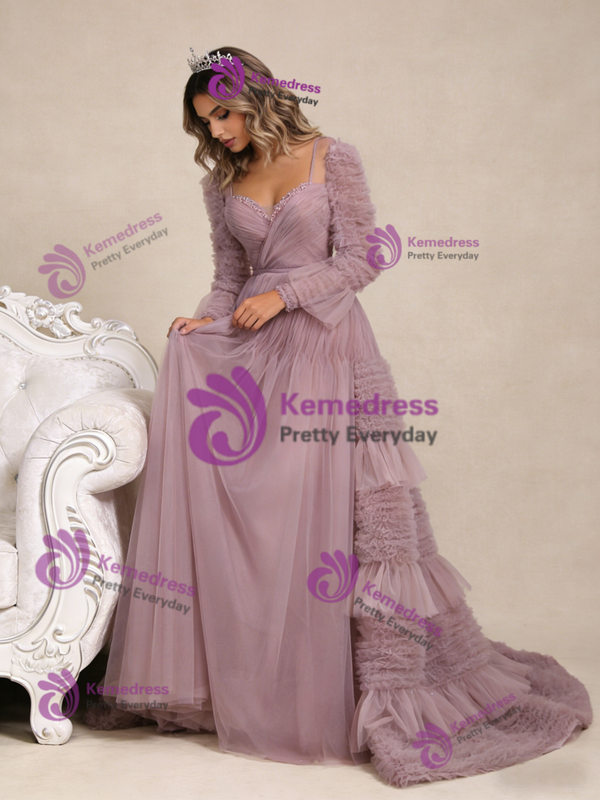 Pink Tulle Pleats Beading Prom Dress