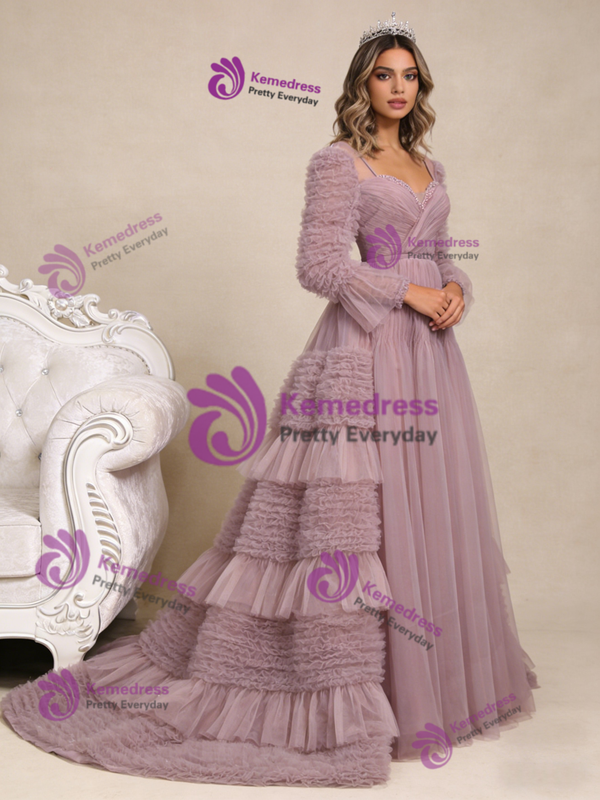 Pink Tulle Pleats Beading Prom Dress