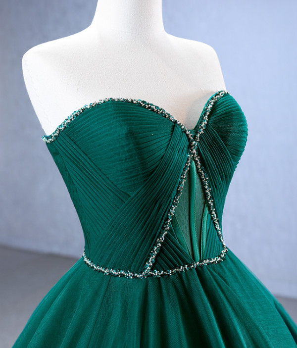 Green Tulle Sweetheart Pleats Beading Prom Dress