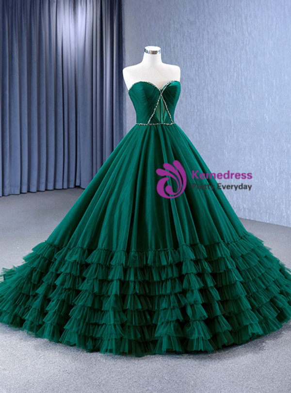 Green Tulle Sweetheart Pleats Beading Prom Dress