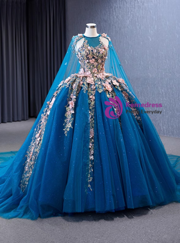 Blue Tulle Sequins Pink 3D Appliques Prom Dress