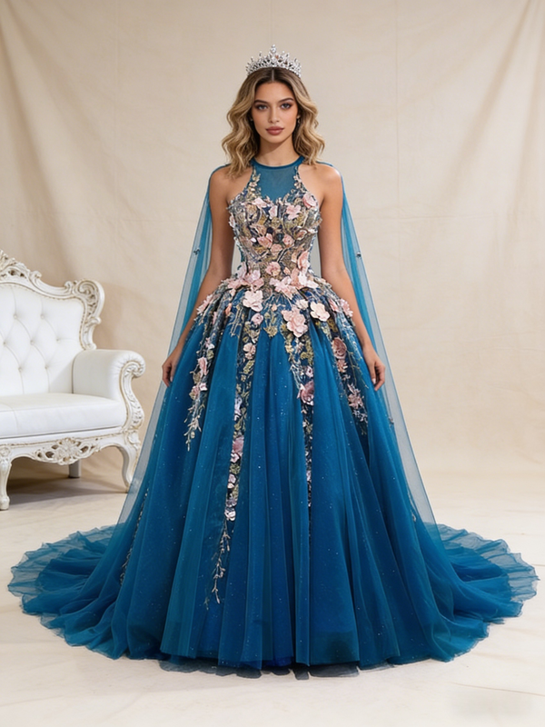 Blue Tulle Sequins Pink 3D Appliques Prom Dress