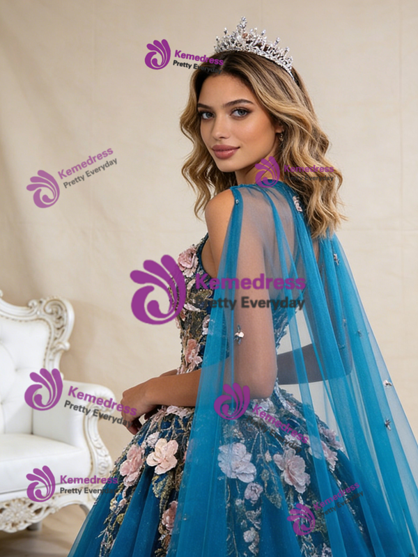 Blue Tulle Sequins Pink 3D Appliques Prom Dress