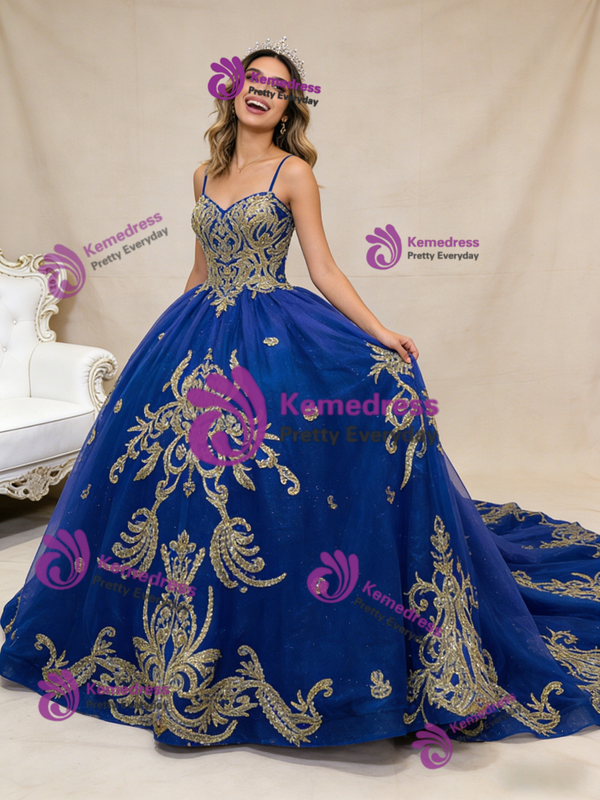Royal Blue Tulle Spaghetti Straps Appliques Prom Dress