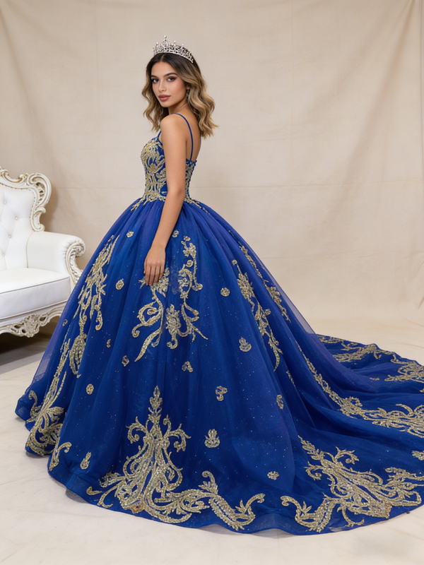 Royal Blue Tulle Spaghetti Straps Appliques Prom Dress