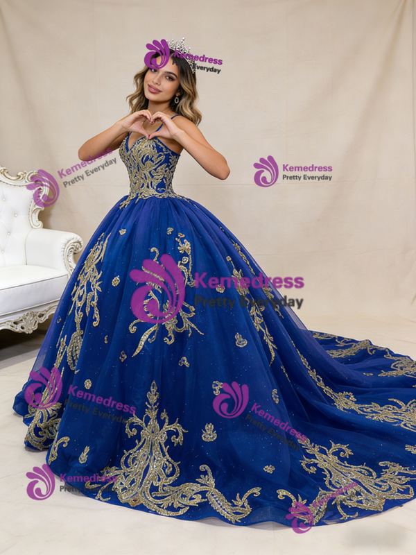 Royal Blue Tulle Spaghetti Straps Appliques Prom Dress