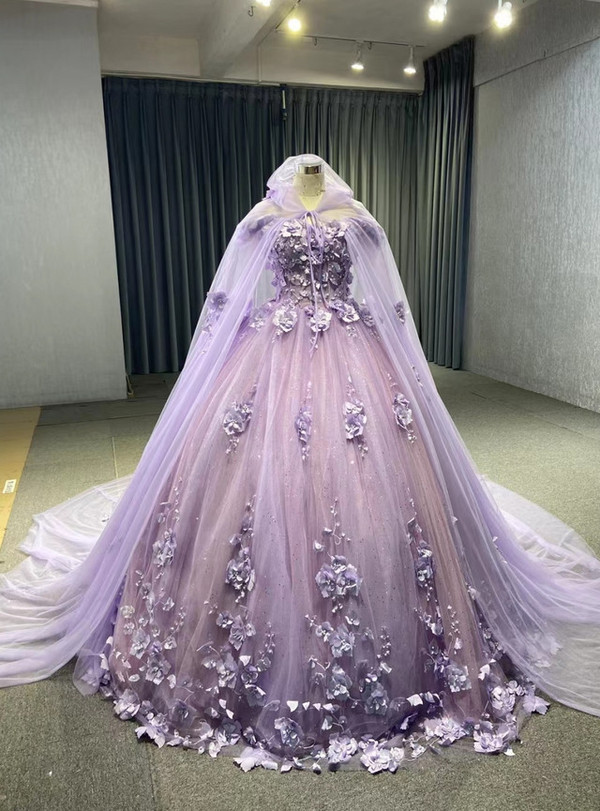 Ball Gown Purple Tulle 3D Flower Off the Shoulder Prom Dress