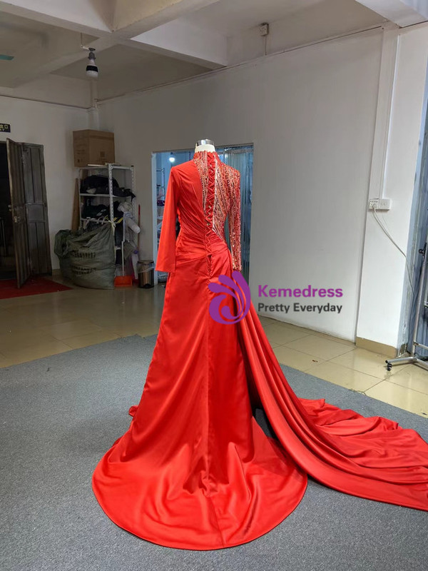Red Satin Sequins Long Sleeve Pleats Prom Dress