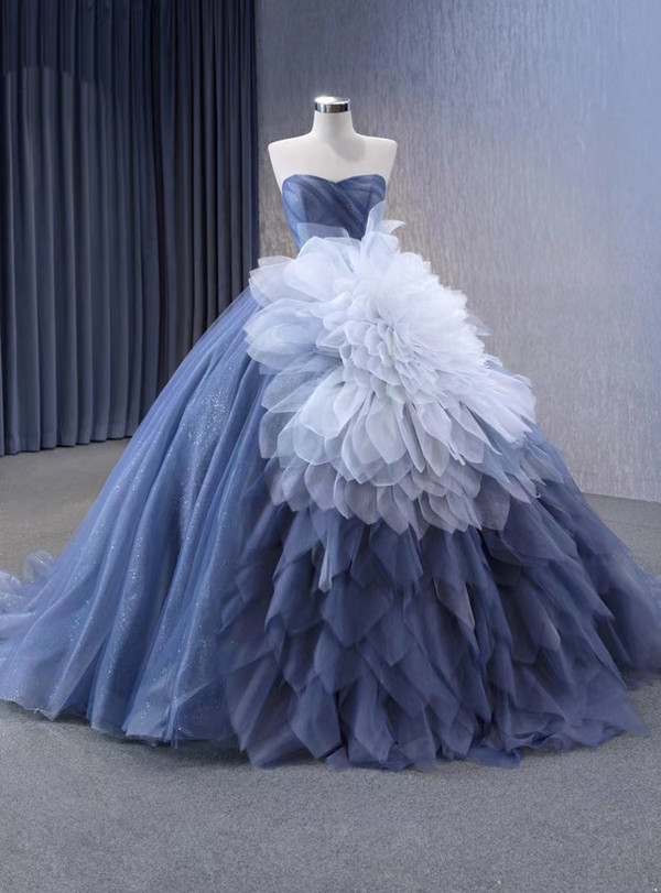 Blue Tulle Sequins Prom Dress With Detachable Puff Tulle