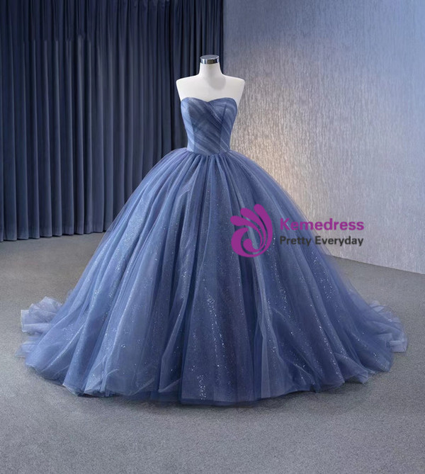 Blue Tulle Sequins Prom Dress With Detachable Puff Tulle